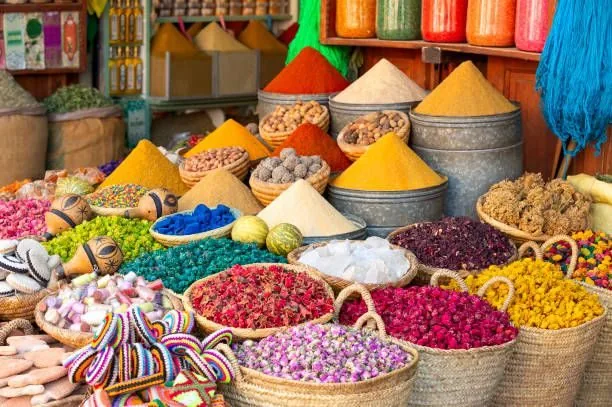 Colorful spices and dried flowers Moroccan souk